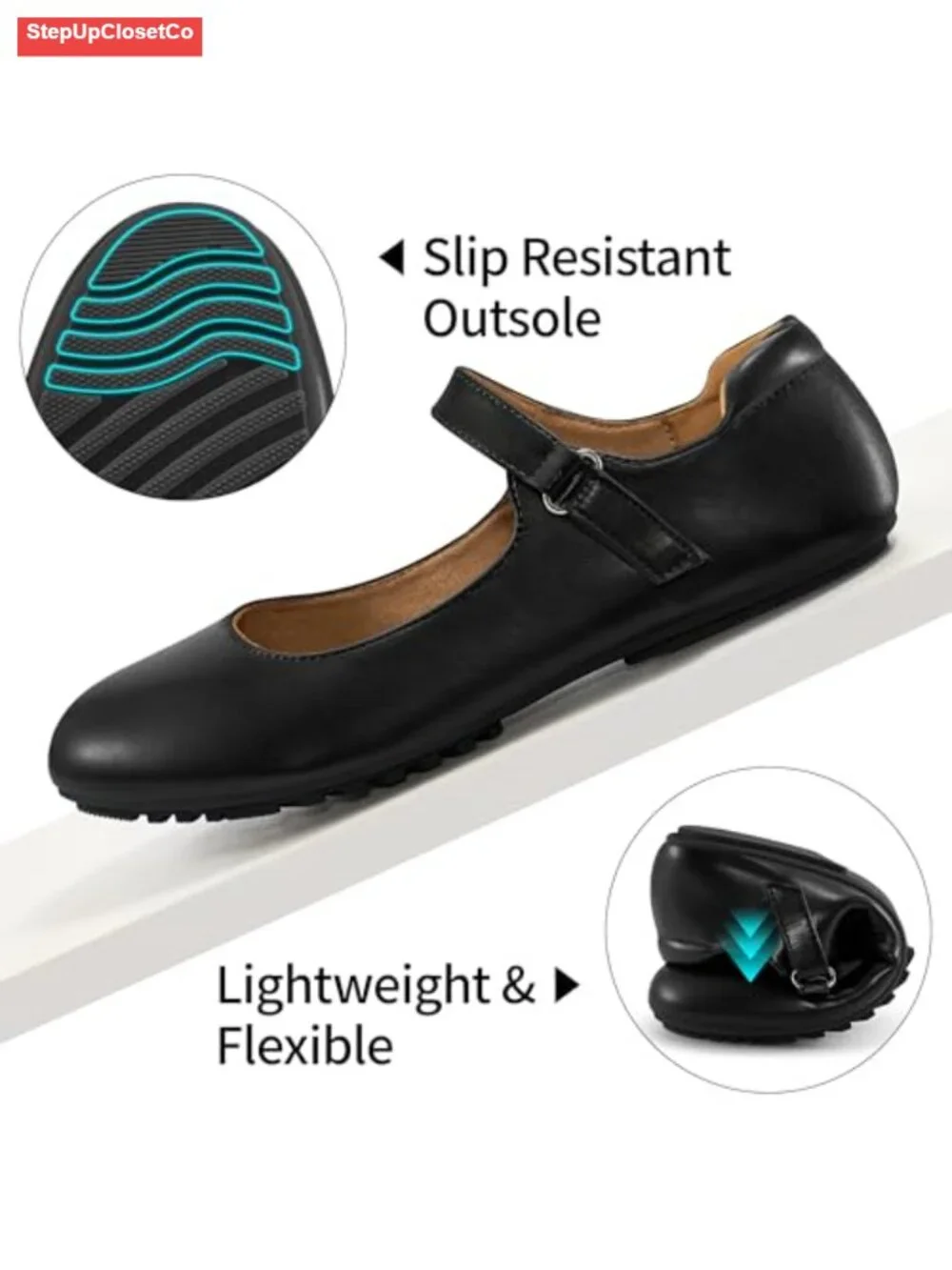 Mary Jane Flats for Women Adjustable Ankle Strap PU Leather Comfortable Work